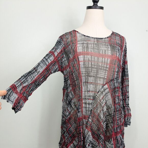 Mesh Top S Red Black Y2K Vintage Whimsigoth Comfy Loose Sheer Plaid Sleeve - Picture 1 of 9